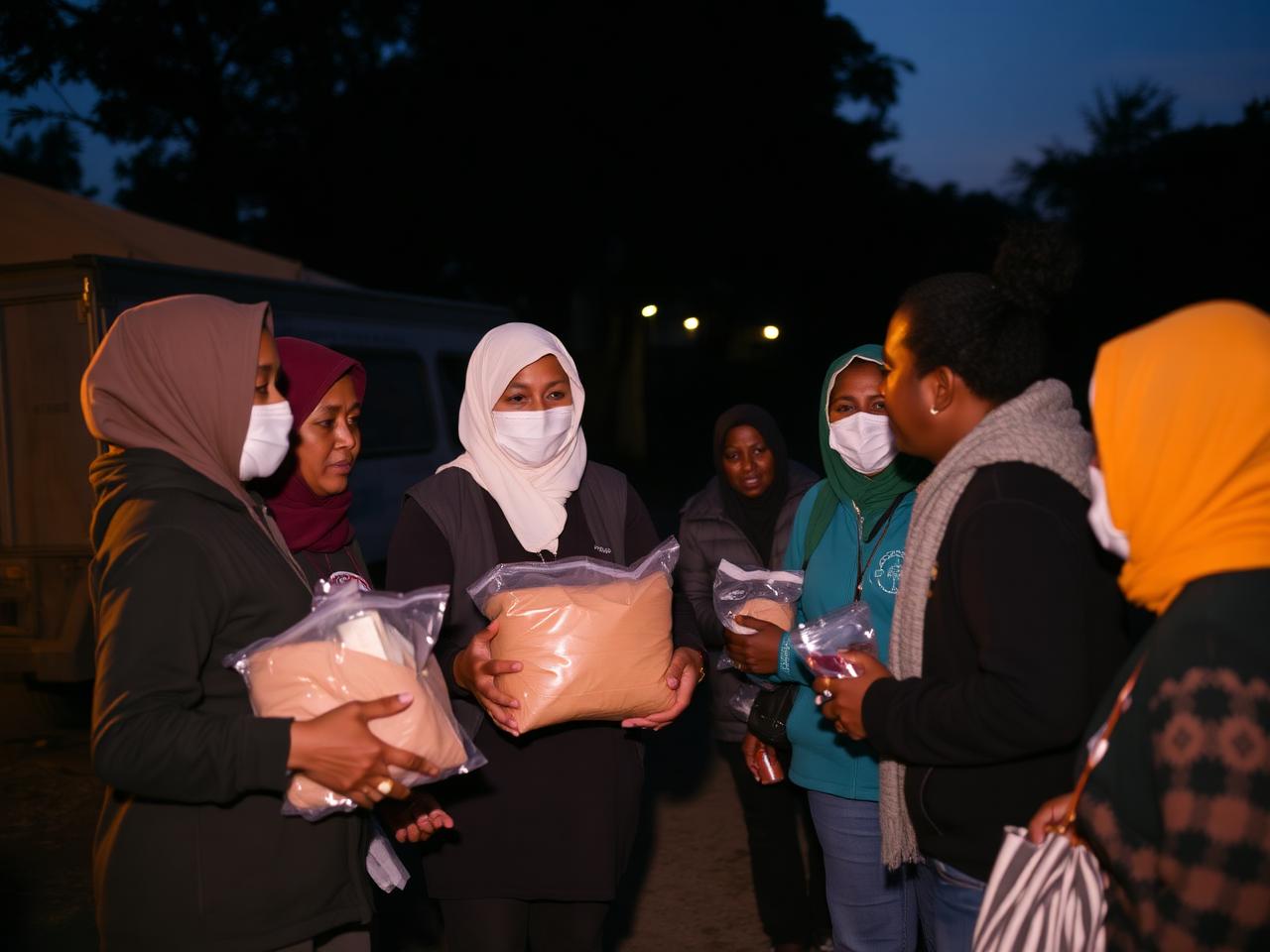 Volunteers distributing food parcels at dusk