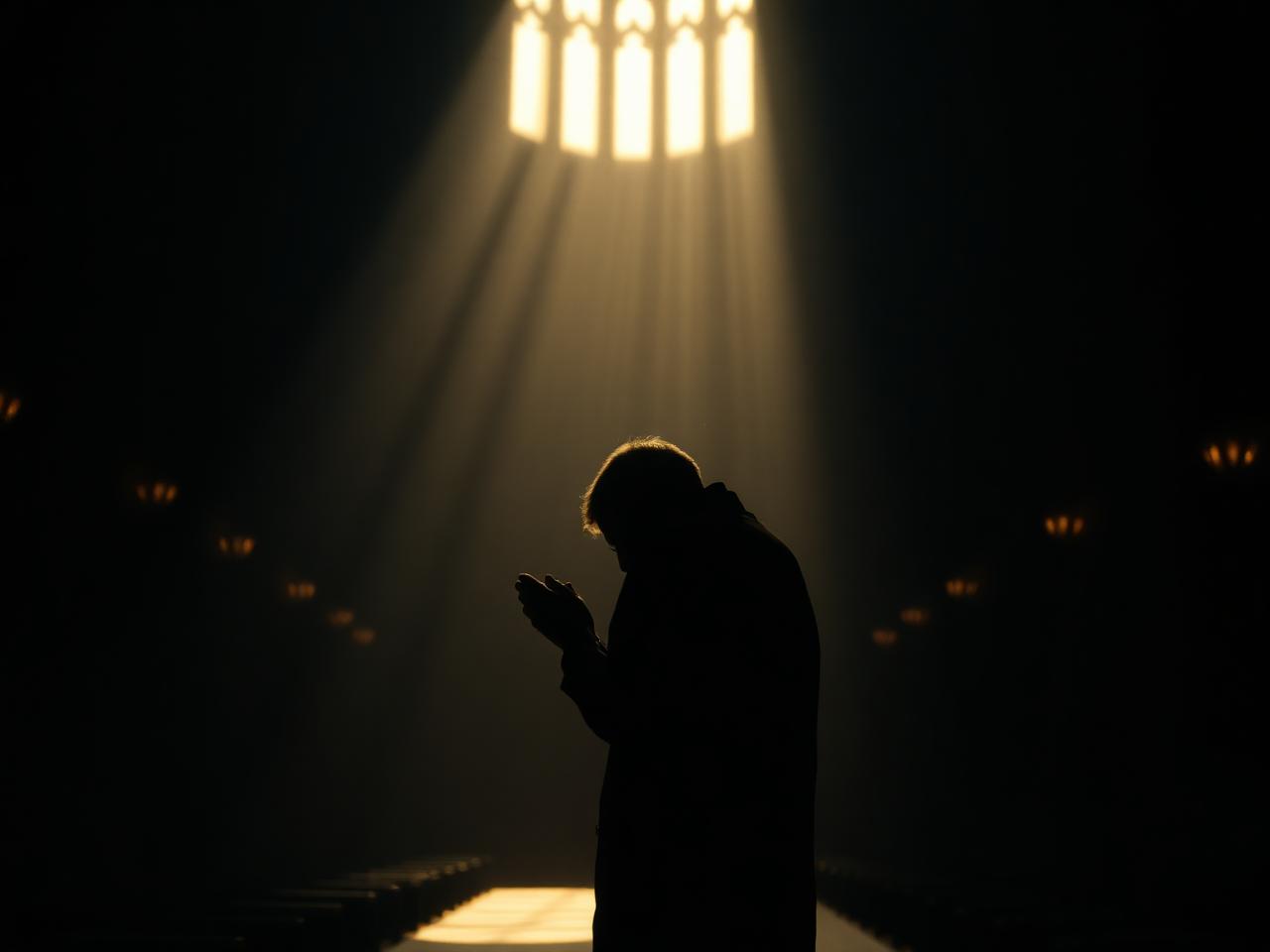A person praying in a shaft of light